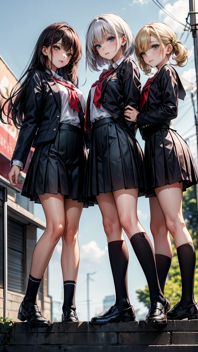 "Three 17 year old girls. The first has long yellow hair and green eyes.. The second has white Bob hair and blue eyes. The third has long red hair and red eyes.. The three are standing, wearing school uniforms. The background is a high school."