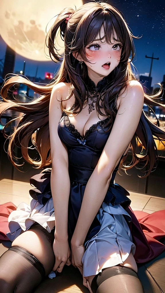 Colorful Bras,Sexy pose,Shooting from below:1.5,Masterpiece,quality,High resolution,高quality,Realistic,Long Hair,pantyhose:1.5,Spread your legs:1.5,Embarrassed face,Crowd in the background:1.5,midnight,full moon,Forehead,blush