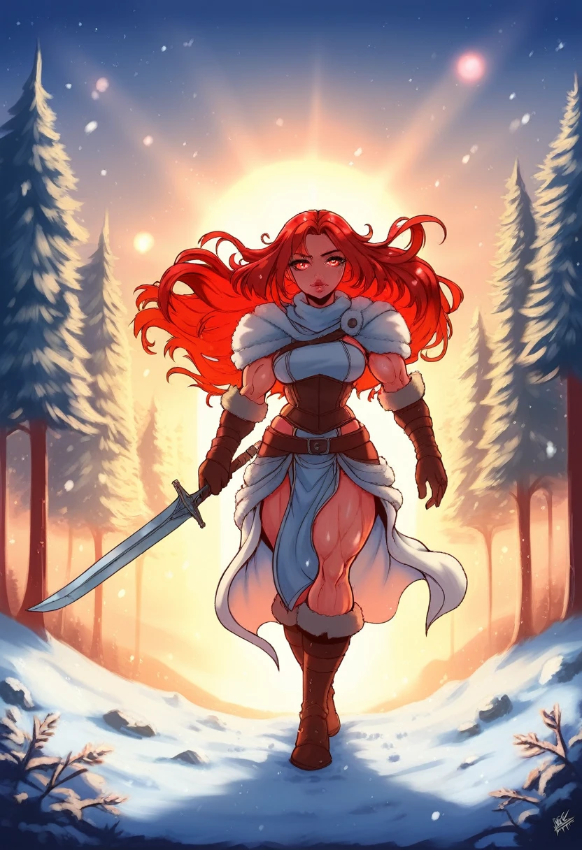 sexy red sonja in winter,red warrior detailed outfit,bold and seductive expression,powerful and confident pose,vibrant red hair flowing in the wind,beautiful detailed eyes,beautiful detailed lips,strong and muscular physique,scenery with snowy mountains in the background,icy and cold atmosphere,Sunlight shining through the trees,soft, warm sunlight illuminating your face,hight contrast and dynamic lighting,strong highlights and deep shadows,best qualityer,ultra detali,realisitic:1.37,HDR,studio lighting,sharp focus,proffesional,bright coloured,bokeh,conceptual artists,hight contrast,colorful and vibrant color palette