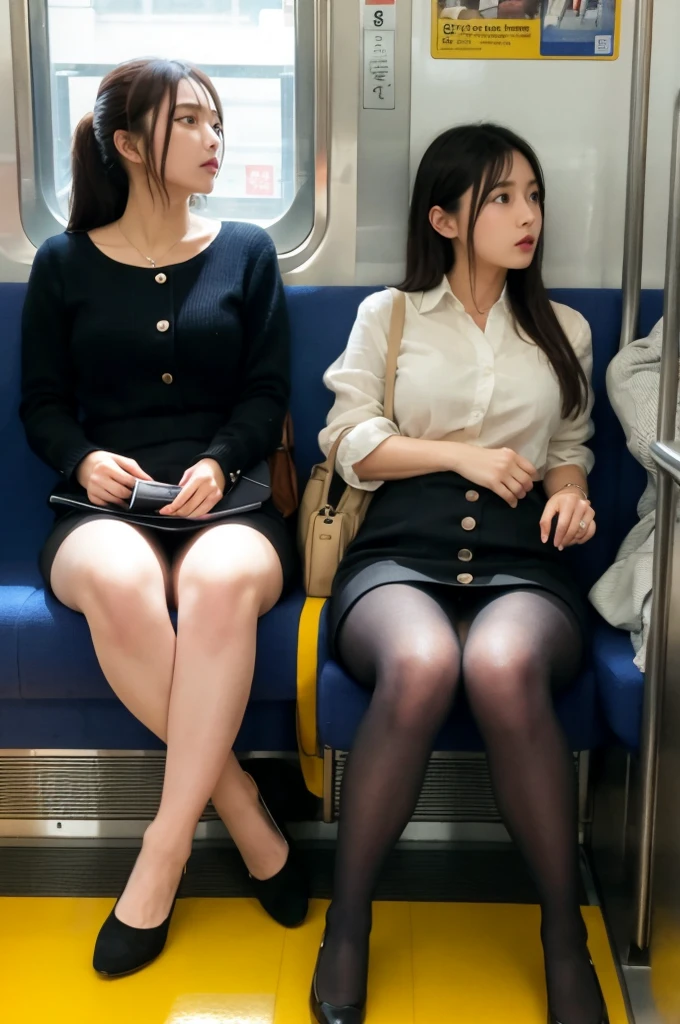 one japanese woman,(masterpiece, Highest quality, 8K, RAW Photos, beautifully、aesthetic:1.2), Intricate details, indirect lighting, Realistic,
whole body, Sitting on a chair on the train、Staring at the viewers、Voyeur、
Square neck button-down linen sundress, (Ultra-realistic pantyhose)、
Training women , Chair to sit under skirt,