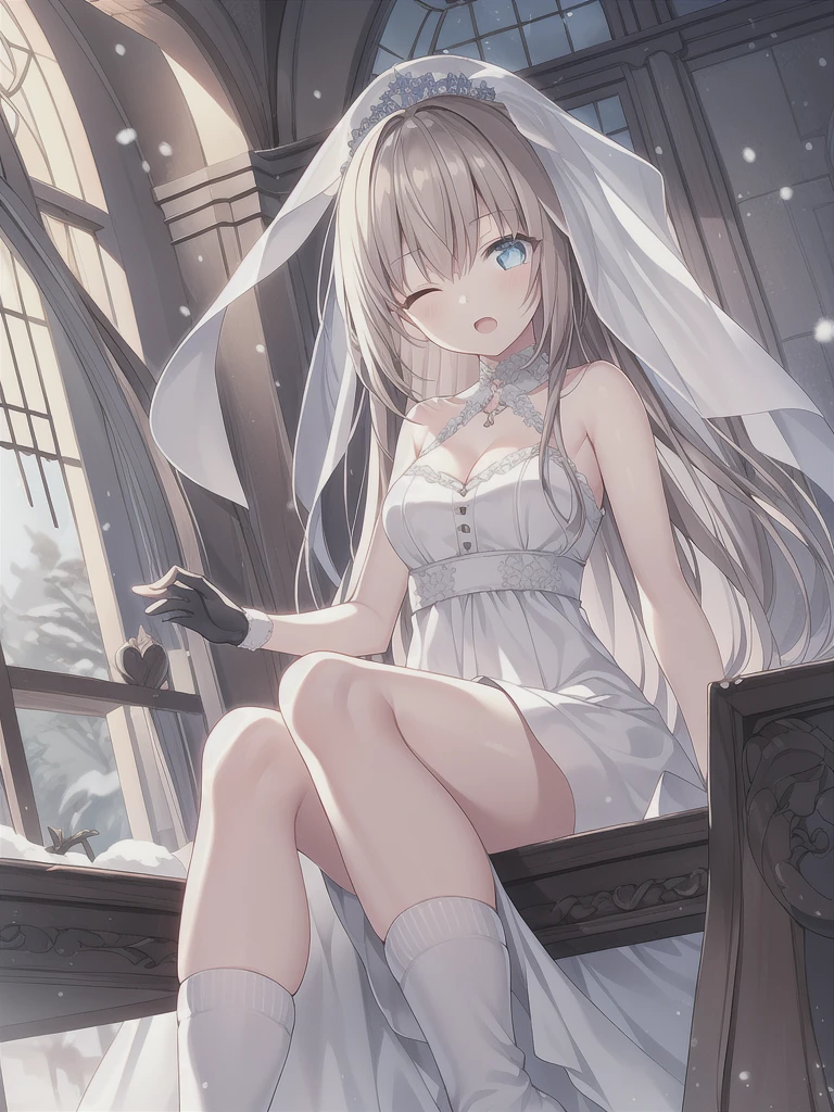 A girl，16 years old，Long hair, Bangs, Snow-white hair, Long double ponytail hair，Hair between the eyes, blue eyes:（1.5),  (Medium breasts:1.2), 
rest  锁骨, Wedding dress，veil，wedding，Black dress，Flowers，dress，Black socks，Black knee socks，Black gloves，Long boots，Cleavage，
Looking at the audience, whole body, Open your mouth，lol，
indoors, church，permanent，permanent，微lol，With one eye closed，
rest (masterpiece:1.2), best quality, high resolution,  8k wallpaper, (illustration:0.8), (Beautiful and delicate eyes:1.6), Extremely detailed face, Perfect lighting, Extremely detailed CG, (Perfect hands, Perfect anatomical structure),