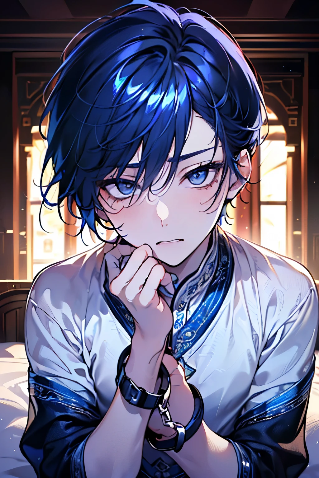 ,(((men's,male:1.3))),((White and darkblue hair:1.3)),(Shiny marble eyes:1.45),((NSFW:1.25)),(A lustrous, soft face:1.4),(KISS Face:1.25)(A embarrassed and my face turns red:1.2),(Face front:1.3),((bed room:1.25)),((Gorgeous Arabian costume:1.3)),((sex,Fellatio:1.2)),((Lock、first round、Handcuffs:1.2)).