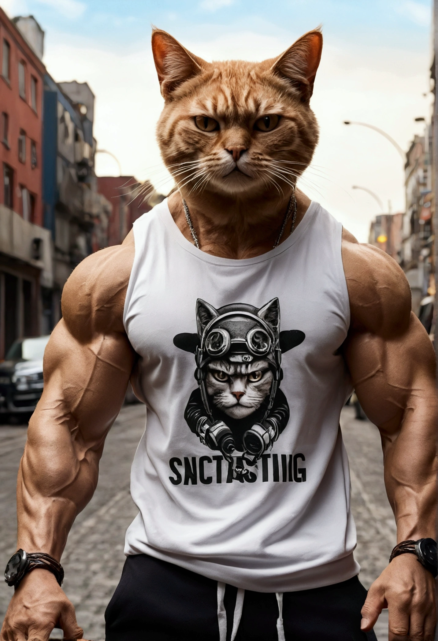 ((foto crua)), ((obra-prima)), Anthropomorphic humanoid cat wearing streetwear clothes, andando furiosamente entre as pessoas, detalhe intrincado, intricate Greebles pieces, city behind, corpo musculoso, (large muscles), muscular arms, (small head), Ogro monstruoso, Titan soft lighting, Hiper realista, soft-lighting, Ambiente sinistro