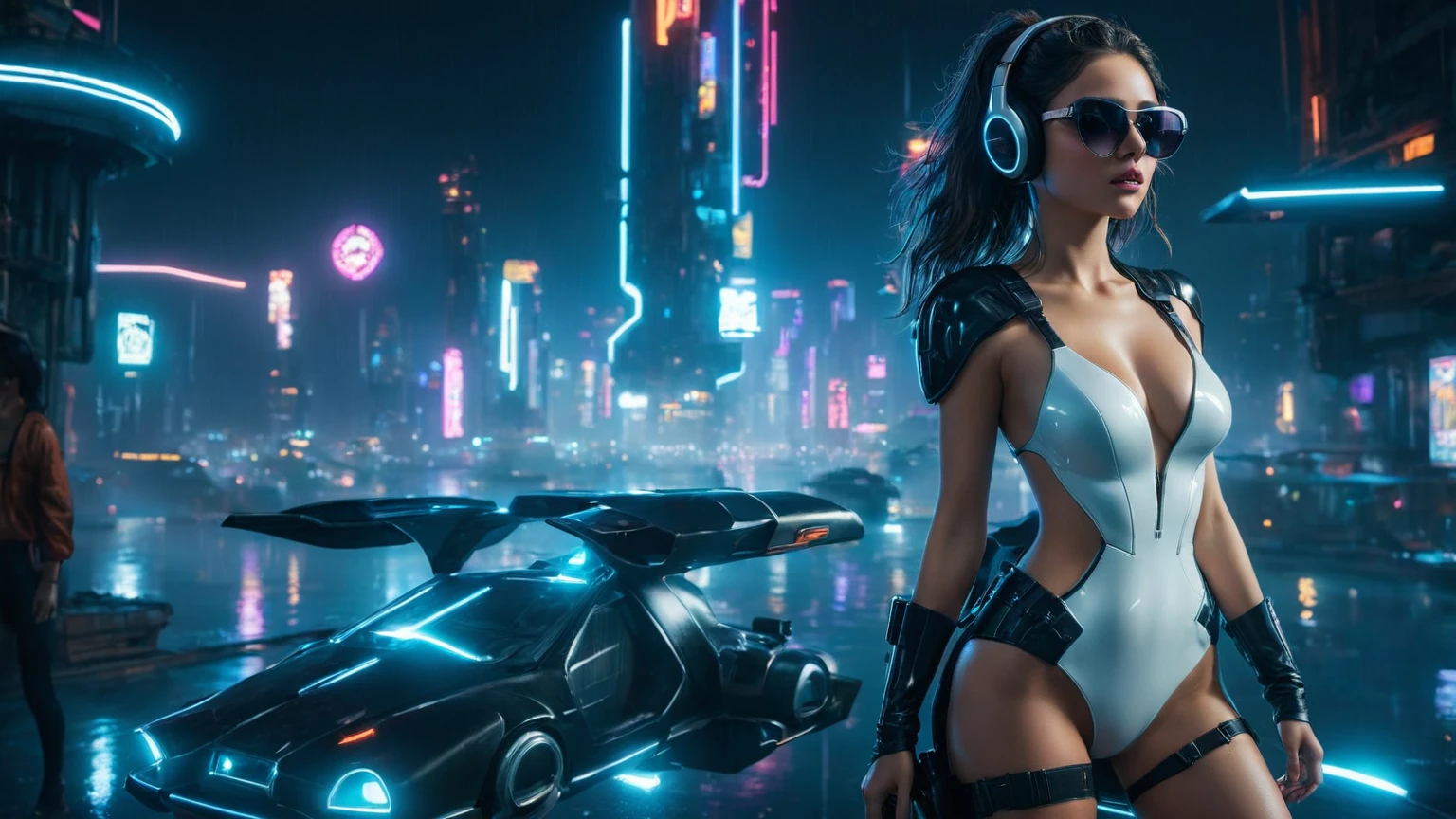 (aerial view, a flying cars docking platform, a very dark abandoned futuristic city, neon lights), rainy night. 1girl, solo, alone, large-breast:1.2 slim body, cleavage:1.1, sexy wind blowing wet dress:1.4, (headphone, black sunglasses), (((((she raised:1.8 a pistol:1.8 and took aim at viewer))))), dynamic pose, (((half-body thigh level medium shot))), cinematic lighting, lens flare, ray tracing.