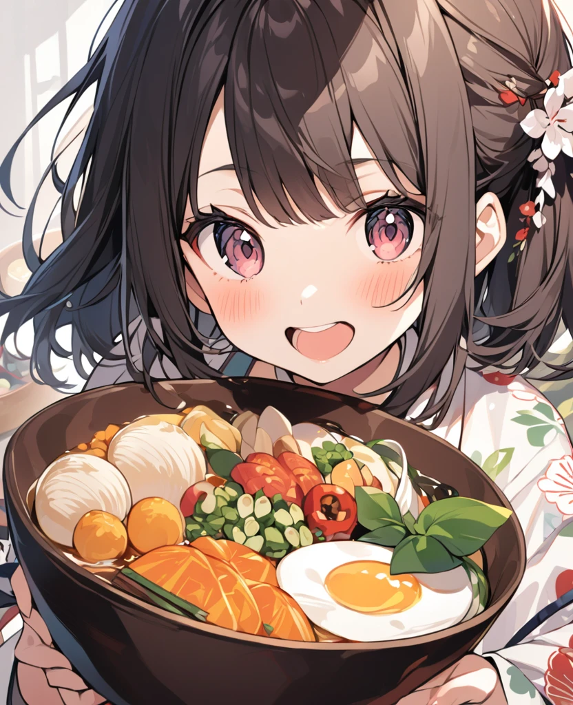 A cute Japanese model-like girl holding a large bowl filled with various ingredients