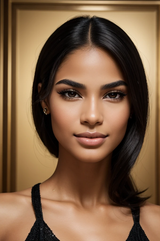 high resolution photo frontal portrait of a black woman that has a classically beautiful face with delicate, feminine features. Her most striking attributes are her long, straight flowing black hair and captivating honey-colored eyes. She has large, expressive eyes with long, dark eyelashes and warm, light brown irises flecked with gold. Gabriela has high, sculpted cheekbones, a small, straight nose, and full, pouty lips. Her eyebrows are perfectly shaped and groomed, and she has a heart-shaped face with a strong jawline and slightly pointed chin. Overall, Gabriela radiates beauty, confidence and warmth, with a genuine smile that lights up her face and draws people in, realistic details, super detail, ((Masterpiece, UHD, 8k)), style raw