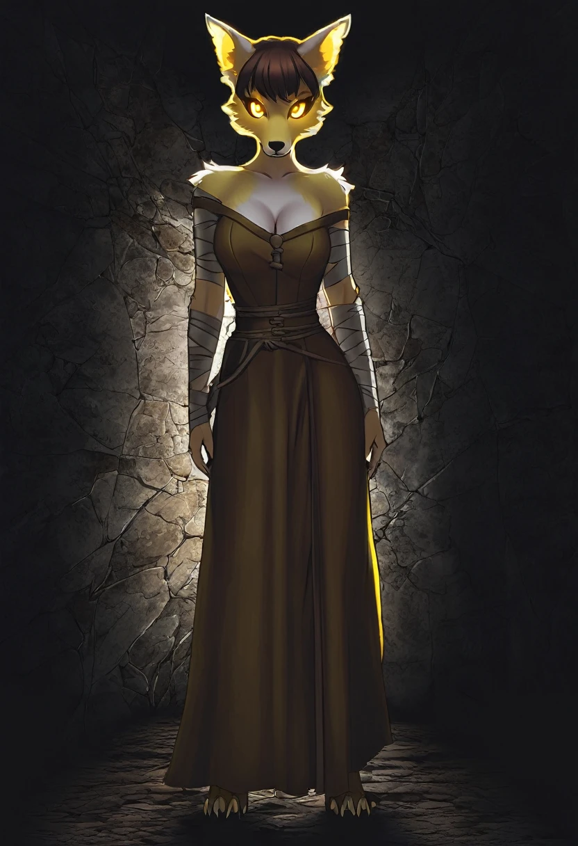 Anthro, serious, scary, solo-girl, feminine, wolf-woman, (standing in complete darkness:1.5), white fur, short hair, white wolf ears, long snout, fangs, bandaged arms, claws, big eyes, glowing yellow wolf eyes, plain medieval brown dress, breast fur, medium breasts