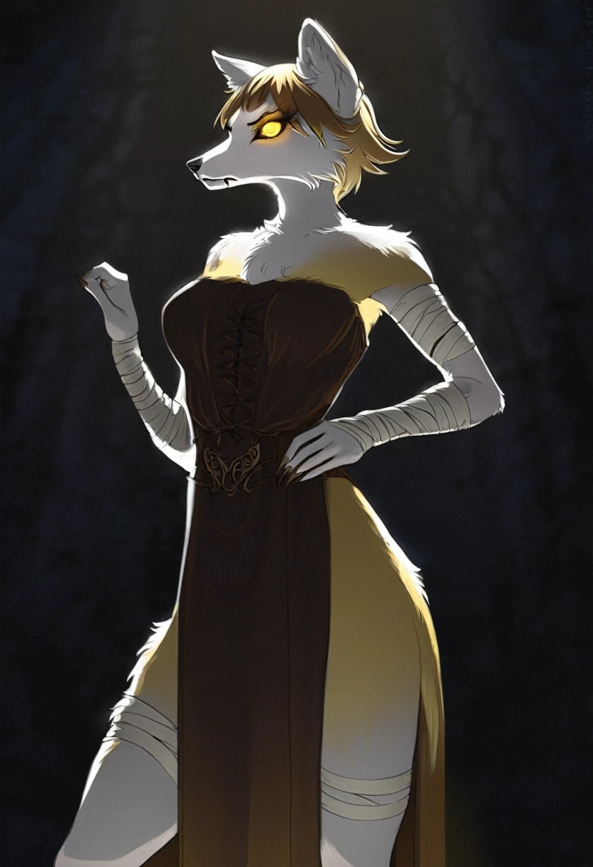 Anthro, serious, scary, solo-girl, feminine, wolf-woman, (standing in complete darkness:1.5), white fur, short hair, white wolf ears, long snout, fangs, bandaged arms, claws, big eyes, glowing yellow wolf eyes, plain medieval brown dress, breast fur, medium breasts