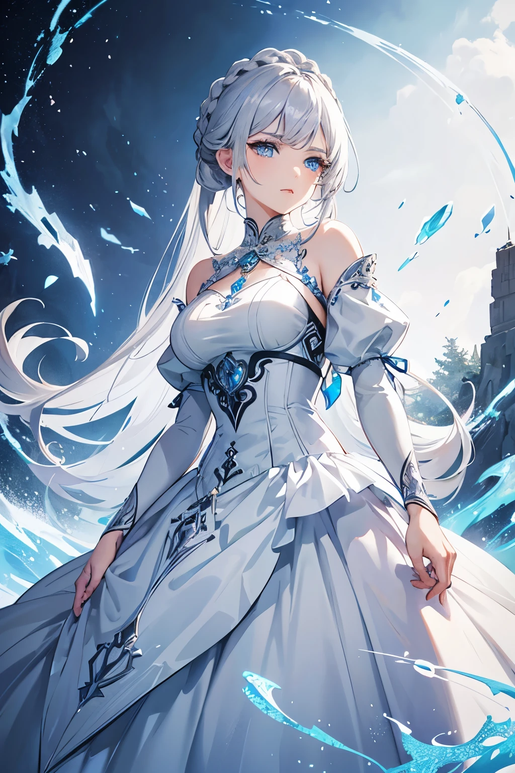 a beautiful silver haired warrior princess, vibrant blue eyes, braided hairstyle, wearing a beautiful and regal ballgown dress, highly detailed face and eyes, elegant pose, timid but strong personality
