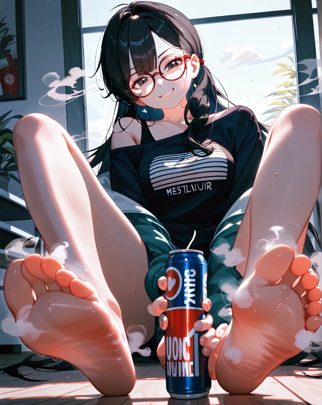 wallpaper,Off-shoulder casual wear，bangs，Bangs，The background is in the room， Straight Hair，Long hair，best quality, Very detailed, masterpiece, Extremely detailed, illustration, Sky,Foot Focus， barefoot,Stinky feet,Steam around feet,脚底Sweating很多，Sweating，Black eyes，black hair,Red round glasses frame，Two feet，Each foot can only have five toes，Good feet，Nice looking feet，delicate foot，There is a pair of slippers on the ground on the right side of the screen，Steam around shoes，Height 2 meters，个子Very high，Very high，Be around 30 years old，Mature，Smirk，