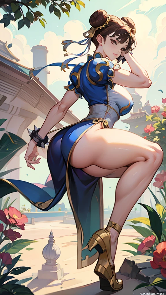 street fighter chun li, showing big ass, smiling, Leaves, garden background. (((half naked)))