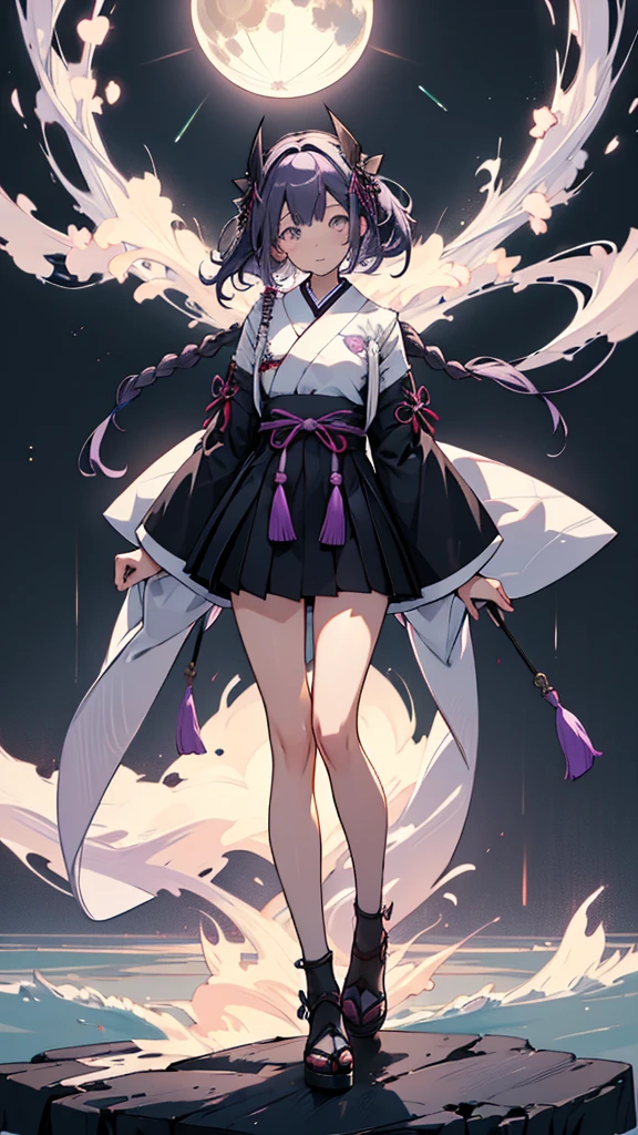 skinny girl, ultra high definition, very detailed, shuriken, shot, bundled hair, whole body, traditional Japanese outfit, short skirt, 24 years old, background with moon visible, two tone hair (black, light purple), Cheng'an, beautiful eyes, morning