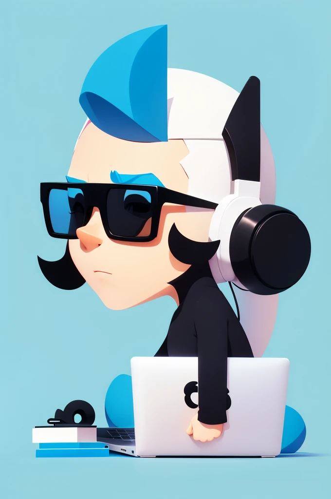 A minimalist logo featuring a playful, stylized animation character, with clean lines and bright colors, set against a simple, solid background. The character should be engaging and easily recognizable even at small sizes, reflecting the fun and creative nature of animation." Give him macbook he is working on with black glasses on his eyes