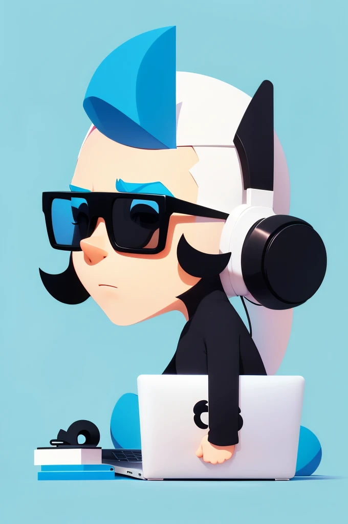 A minimalist logo featuring a playful, stylized animation character, with clean lines and bright colors, set against a simple, solid background. The character should be engaging and easily recognizable even at small sizes, reflecting the fun and creative nature of animation." Give him macbook he is working on with black glasses on his eyes
