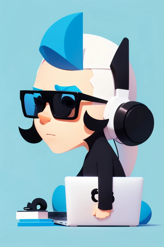 A minimalist logo featuring a playful, stylized animation character, with clean lines and bright colors, set against a simple, solid background. The character should be engaging and easily recognizable even at small sizes, reflecting the fun and creative nature of animation." Give him macbook he is working on with black glasses on his eyes