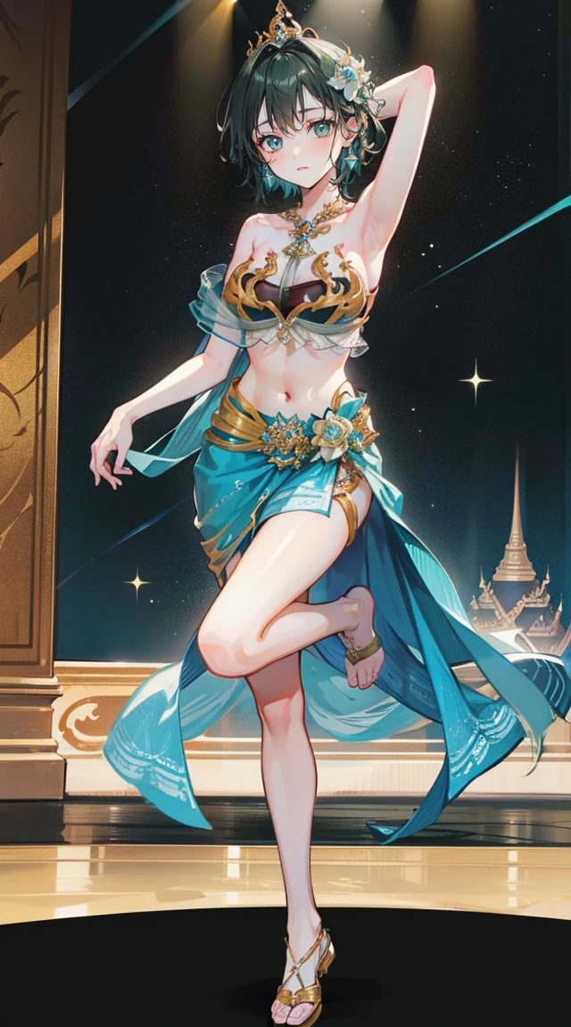 (2 young women ,beautiful woman)，smile，(light green short hair)，nobility，(princess)，blue student，Tall figure，((Strapless Thai dress))，low skirt，(Strapless Thai dressที่ไม่ทีสาย)，lolita skirt，Show your legs，Barefoot，red carpet，prom website，(nobility)，(big tits),(Various positions),Highest quality、Highest picture quality、Masterpiece,, ,(((Navel drive,dance,dance,Thai dance)))