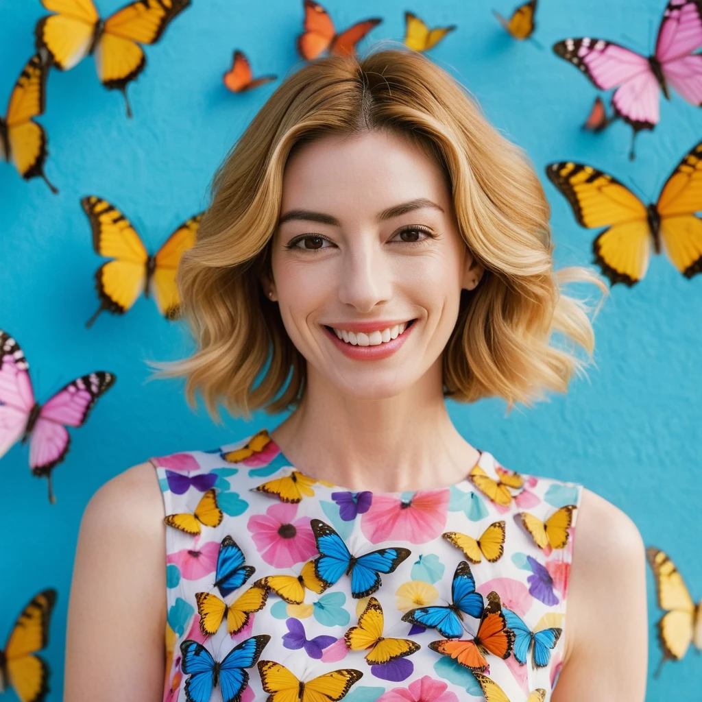 A beautiful face cute blonde Japanese woman, still from the film, (Anne Hathaway look alike face: 0.9), happy smile, in a short pattern summer dress, 3D render, playing with a butterfly, symmetry, vivid pastel colors, Leica SL3, Summicron-SL 75 f/2 ASPH, Kodak Gold 200 film, silhouette, shallowed depth of field, dynamic hands up,