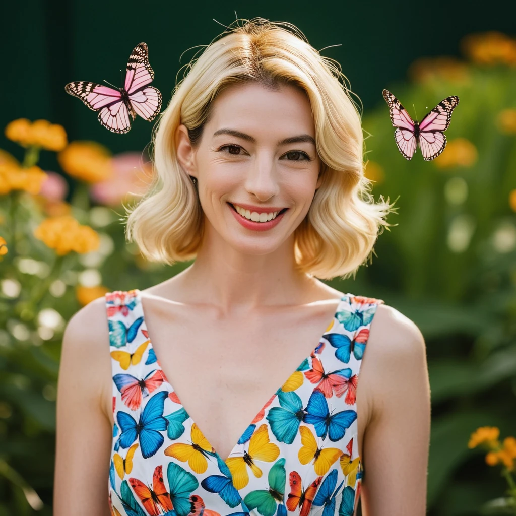 A beautiful face cute blonde Japanese woman, still from the film, (Anne Hathaway look alike face: 0.9), happy smile, in a short pattern summer dress, 3D render, playing with a butterfly, symmetry, vivid pastel colors, Leica SL3, Summicron-SL 75 f/2 ASPH, Kodak Gold 200 film, silhouette, shallowed depth of field, dynamic hands up,