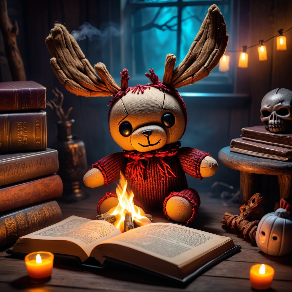 (knitted toy voodoo doll:1.7), (Voodoo Moose Telling Chilling Stories:1.3), (Clothing: frayed sweater with eerie designs:1.0), (Accessories: enchanted book, glowing sinister campfire:1.2), (background: shadowy campsite with floating, glowing eerie smoke and mystical light:1.2), (background: creepy bathroom with floating, glowing eerie foam and shadows:1.2), best quality, masterpiece, detailed soft oil painting, detailed background, dramatic cinematic lighting, soft edge lighting, professional, dramatic lighting, hard edge lighting, ultra quality, 4k,masterpiece, best quality, 8k, ultra highres, highres, extremely detailed