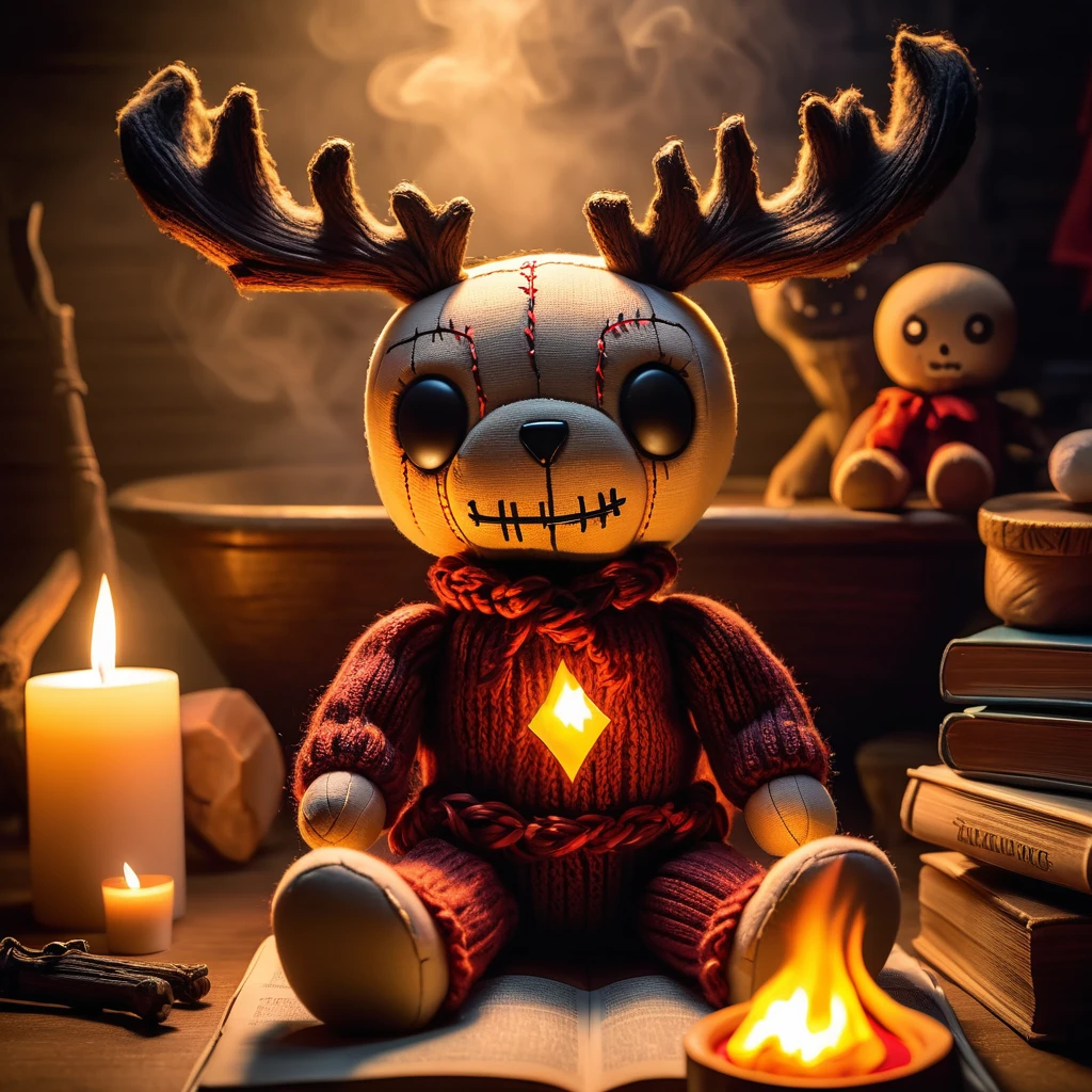 (knitted toy voodoo doll:1.7), (Voodoo Moose Telling Chilling Stories:1.3), (Clothing: frayed sweater with eerie designs:1.0), (Accessories: enchanted book, glowing sinister campfire:1.2), (background: shadowy campsite with floating, glowing eerie smoke and mystical light:1.2), (background: creepy bathroom with floating, glowing eerie foam and shadows:1.2), best quality, masterpiece, detailed soft oil painting, detailed background, dramatic cinematic lighting, soft edge lighting, professional, dramatic lighting, hard edge lighting, ultra quality, 4k,masterpiece, best quality, 8k, ultra highres, highres, extremely detailed