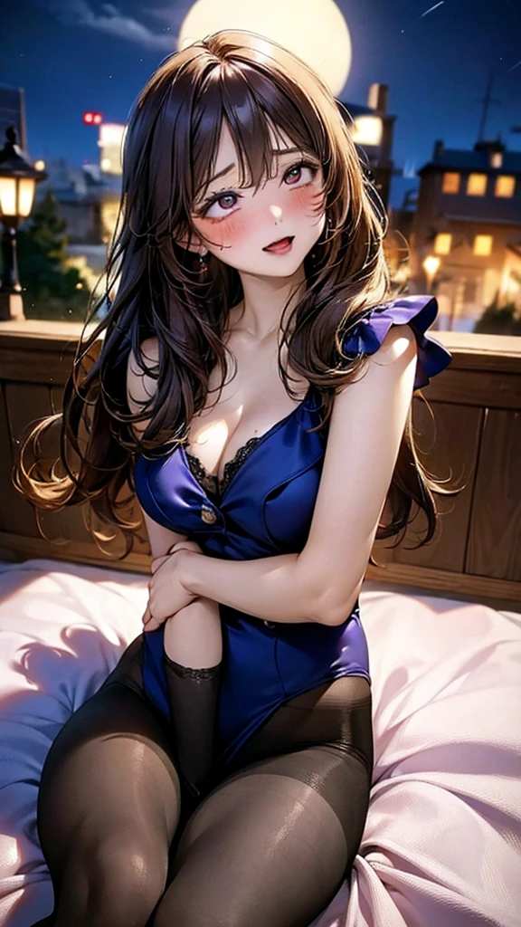 Colorful Bras,Sexy pose,Shooting from below:1.5,Masterpiece,quality,High resolution,高quality,Realistic,Long Hair,pantyhose:1.5,Spread your legs:1.5,Embarrassed face,A man in a suit in the background:1.5,midnight,full moon,Forehead,blush