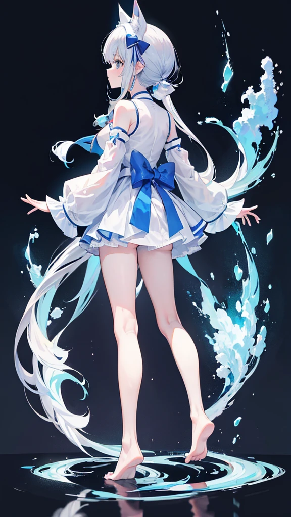 （（Super detailed details））A white double ponytail hair，Blue bow，清凉白色宽松泳装少女Stand sideways在沙滩上（Happy and lively）Moe，Perfect body proportions，（（Profile））（（Three-dimensional））（（（Full body picture）））Stand sideways，Bare feet and legs