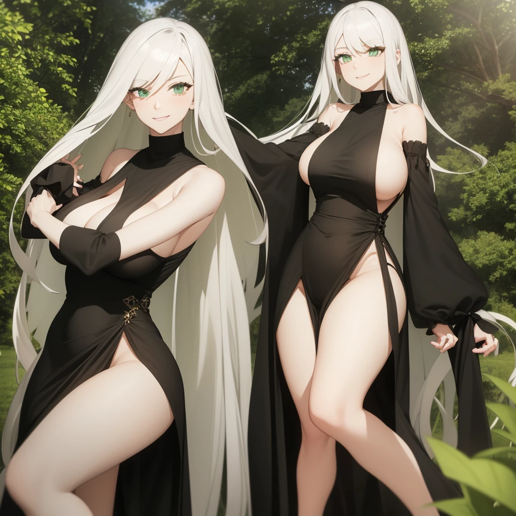 Tall woman, slim shape, thick thighs and ass, large breasts, long white hair, green eyes, wearing a long black dress with sideboob view, smiling, caring