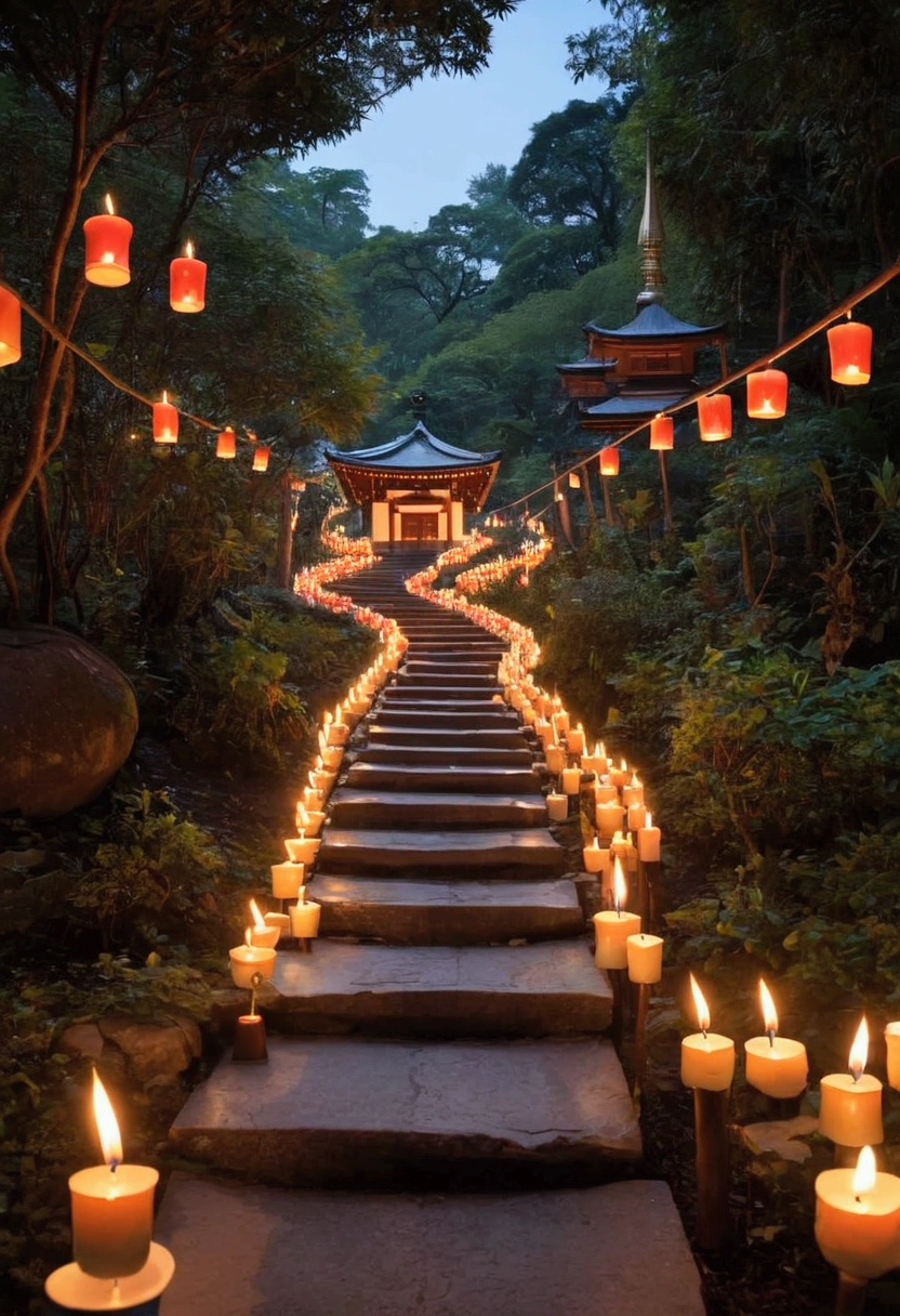 A winding path leading to a shrine is illuminated by hundreds of small candles. The flickering lights create a mystical ambiance, guiding the spirits back to their resting place. People walk quietly along the path, reflecting on the memories of their ancestors.