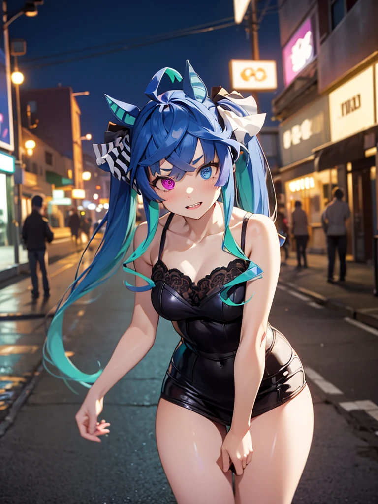 (Masterpiece, best quality, high res、highly detailed cg: 1), ‘Looking for a hooker?’ and a prostitute invites a man to join her. The scene is dominated by a prostitute touting on a quiet, deserted street at night. She is flirtatious with an upward glance. Twin_Turbo_Umamusume, aqua hair, twintails, heterochromia, purple eyes, blue eyes, sharp teeth, nsfw, Seduction, (short stature)