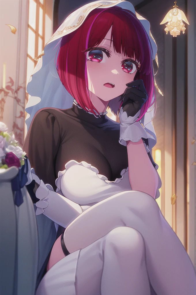 A girl，，short hair, Bangs, Red Hair, Hair between the eyes, Purple Eyes:（1.5),  (Medium breasts:1.2), 
rest  锁骨, Wedding dress，veil，wedding，Black dress，Flowers，dress，Black socks，Black knee socks，Black gloves，Long boots，Cleavage，
Looking at the audience, whole body, Open your mouth，lol，
indoors, church，permanent，permanent，微lol，With one eye closed，
rest (masterpiece:1.2), best quality, high resolution,  8k wallpaper, (illustration:0.8), (Beautiful and delicate eyes:1.6), Extremely detailed face, Perfect lighting, Extremely detailed CG, (Perfect hands, Perfect anatomical structure),