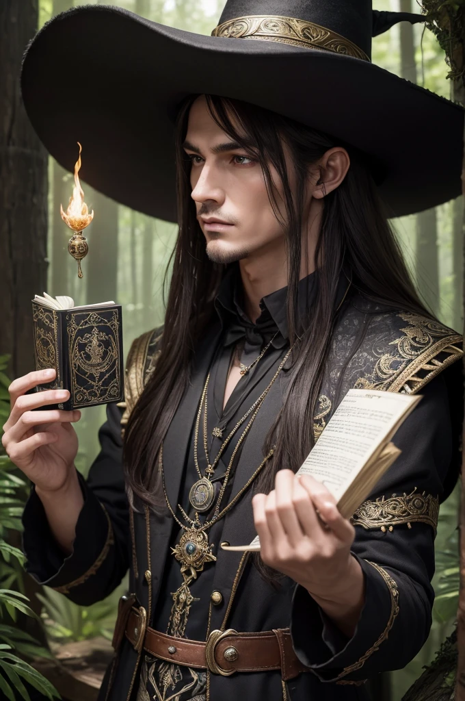 work of art, best qualityer, 1 men, grown-up, tall muscular, bonitas, finely-detailed eyes, details Intricate, magician, black hat with pointed brim, spell book with a variety of spells, potion bottles with various ingredients, enchanted forest with a hidden magician hut