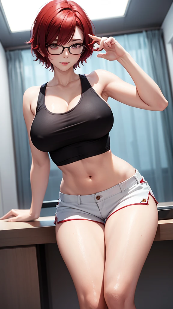 woman with short red hair, white eyes, glasses, tall body, big breasts, wearing a sexy Hotpants sport and sexy tanktop , is at Beadrom