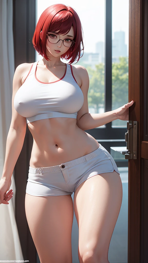 woman with short red hair, white eyes, glasses, tall body, big breasts, wearing a sexy Hotpants sport and sexy tanktop , is at Beadrom