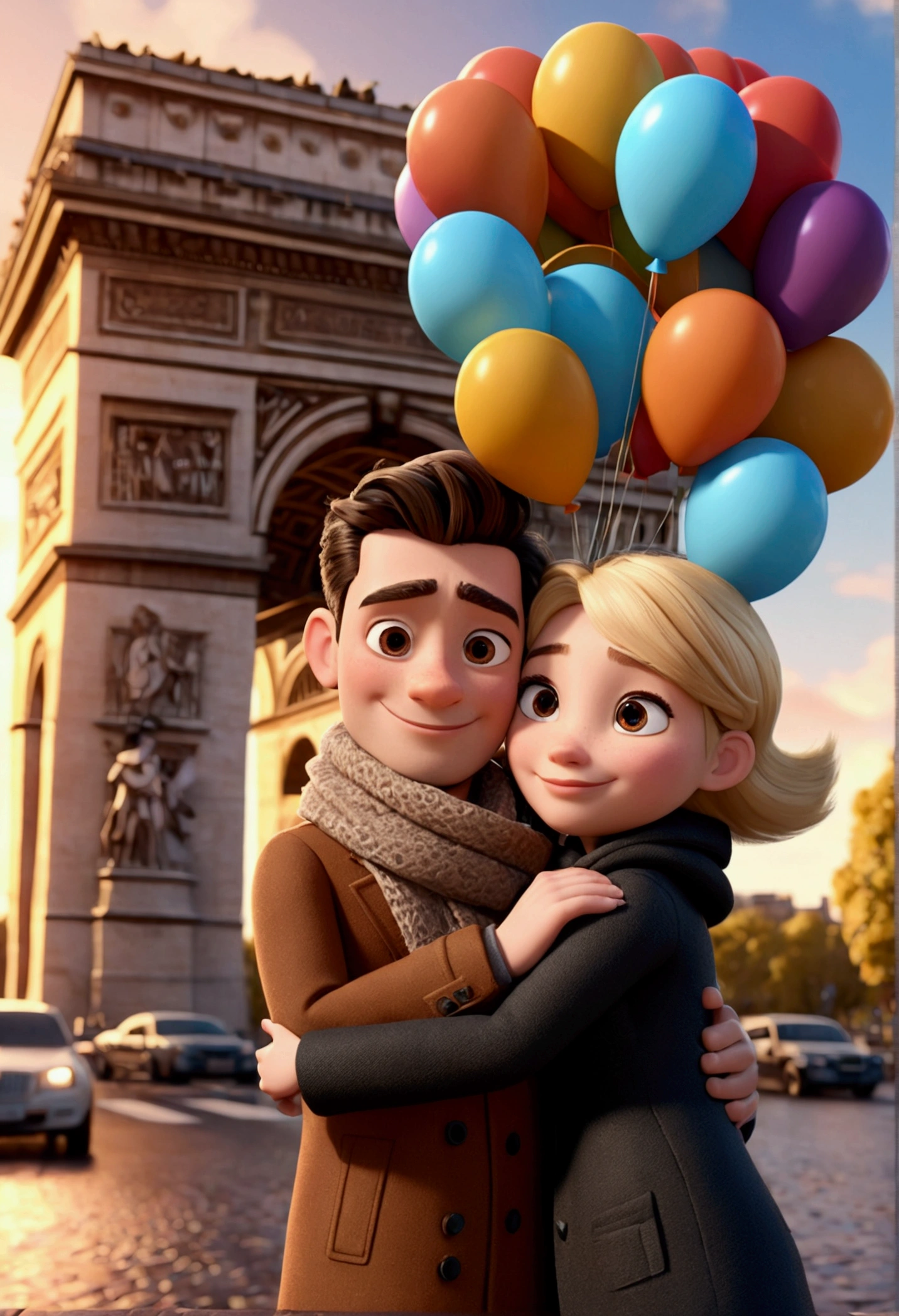 Cartoon character of a man in a black coat animation character, hugging smiling blonde woman in brown coat and scarf, in front of the Arc de Triomphe in Paris. with balloons from the movie up. stylized character, animation style rendering, 3d stylized, Arnold Maya rendering, Stylized 3D rendering, toon render screenshot, 3d character, 3d character, Stylized 3D rendering, 3D character rendering, cartoon character, Personagem de close up, showing half body, in landscape mode (Pixar-style) (master part:1.2) (bokeh) (best qualityer) (skin detailed) (detailed texture) (8k) (Argilla) (cinematic lighting) (sharp focus