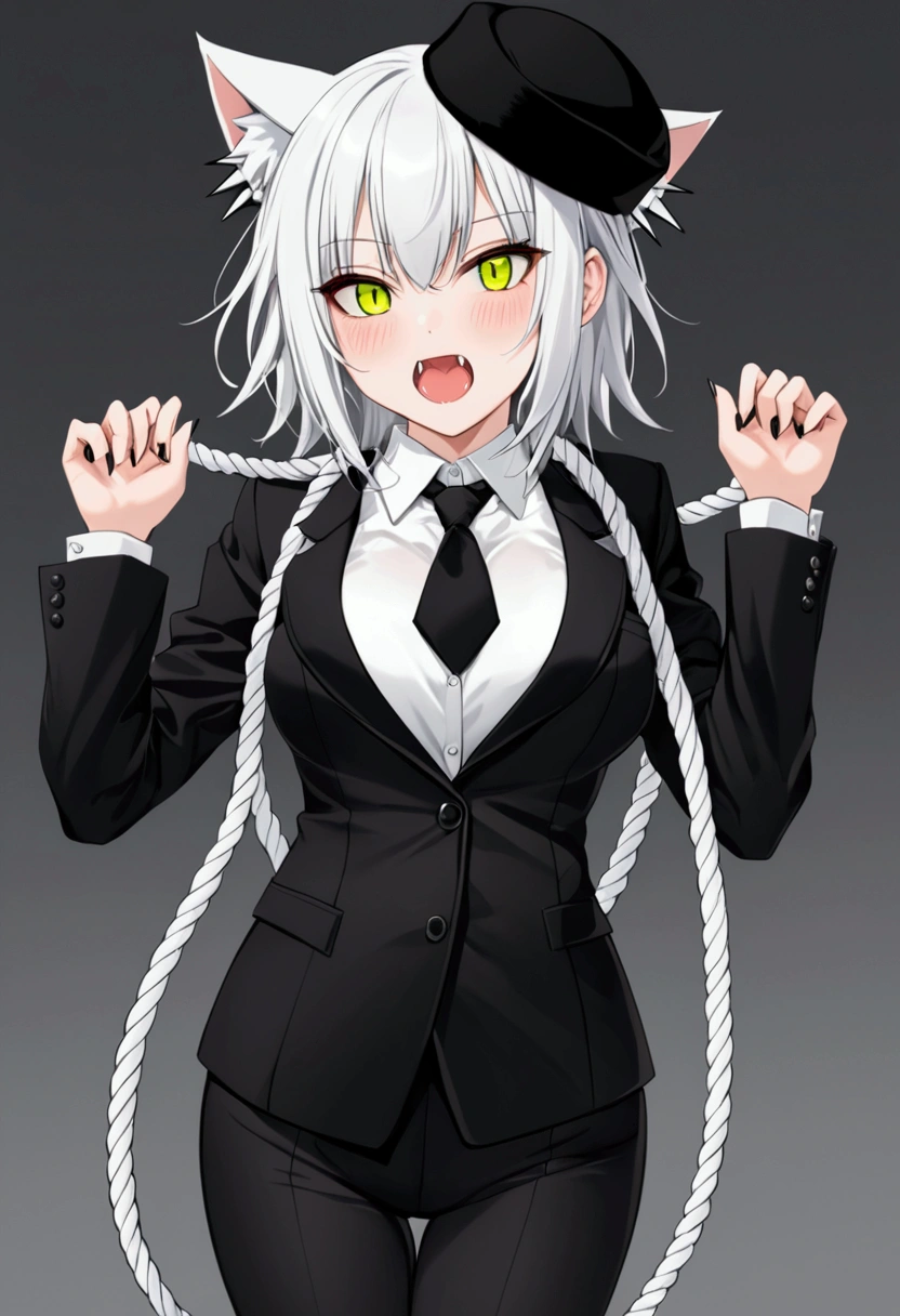 Girl. Formal work suit. Tight white shirt under black formal coat. Black tie. Hands behind body holding buttocks. White hair, squinted sharp eyes, open mouth with visible fangs. 3/4 pose. Black winter hat with multiple spikes on top looking like cat ears, with two ropes on the side that falls on her chest.