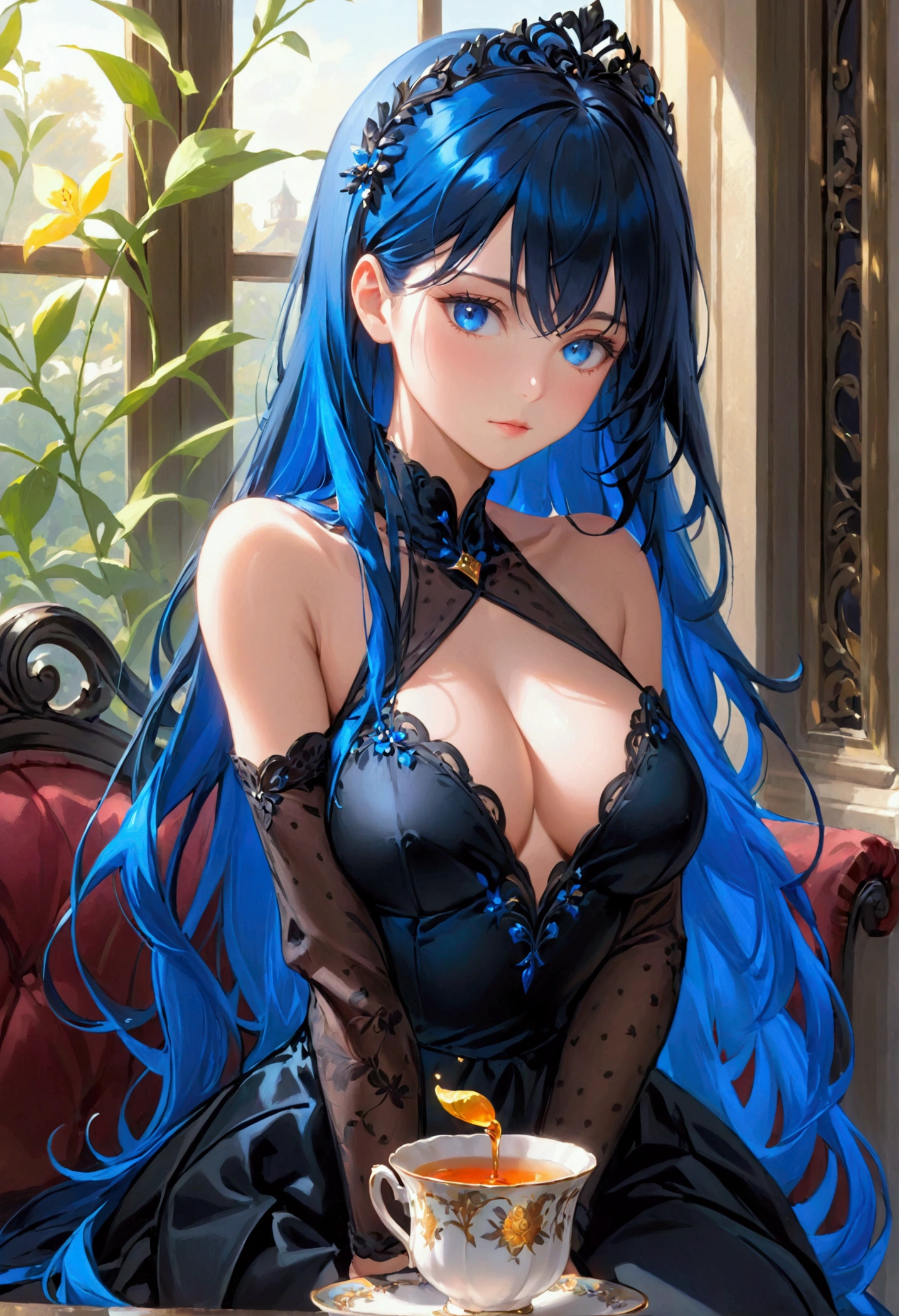 Adult female,long black hair with inner blue hair, blue eyes,athletic body, elegant black dress, noble lady,sitting, drinking tea