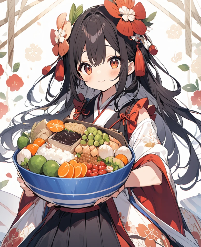 A cute Japanese model-like girl holding a huge bowl full of various ingredients