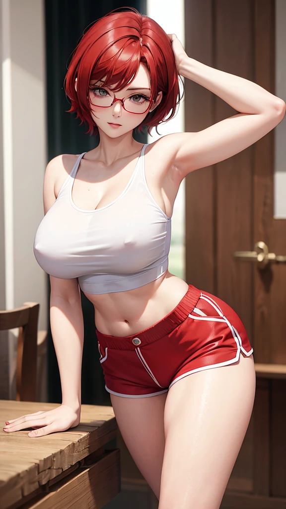 woman with short red hair, white eyes, glasses, tall body, big breasts, wearing a sexy Hotpants sport and sexy tanktop , is at Beadrom