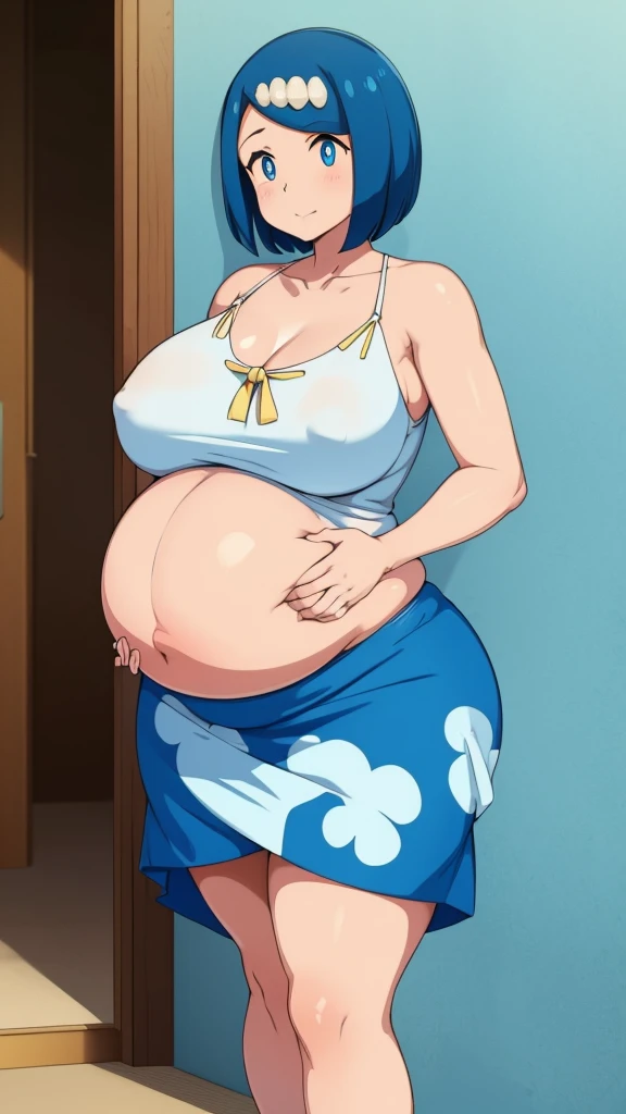 Sexy Hawaiian Girl, beautiful, Large Breasts, beautiful, Bright blue hair, Round Cut, Her blue eyes, She wears a white shirt, Showing your belly button, Long blue skirt. Huge Pregnancy 