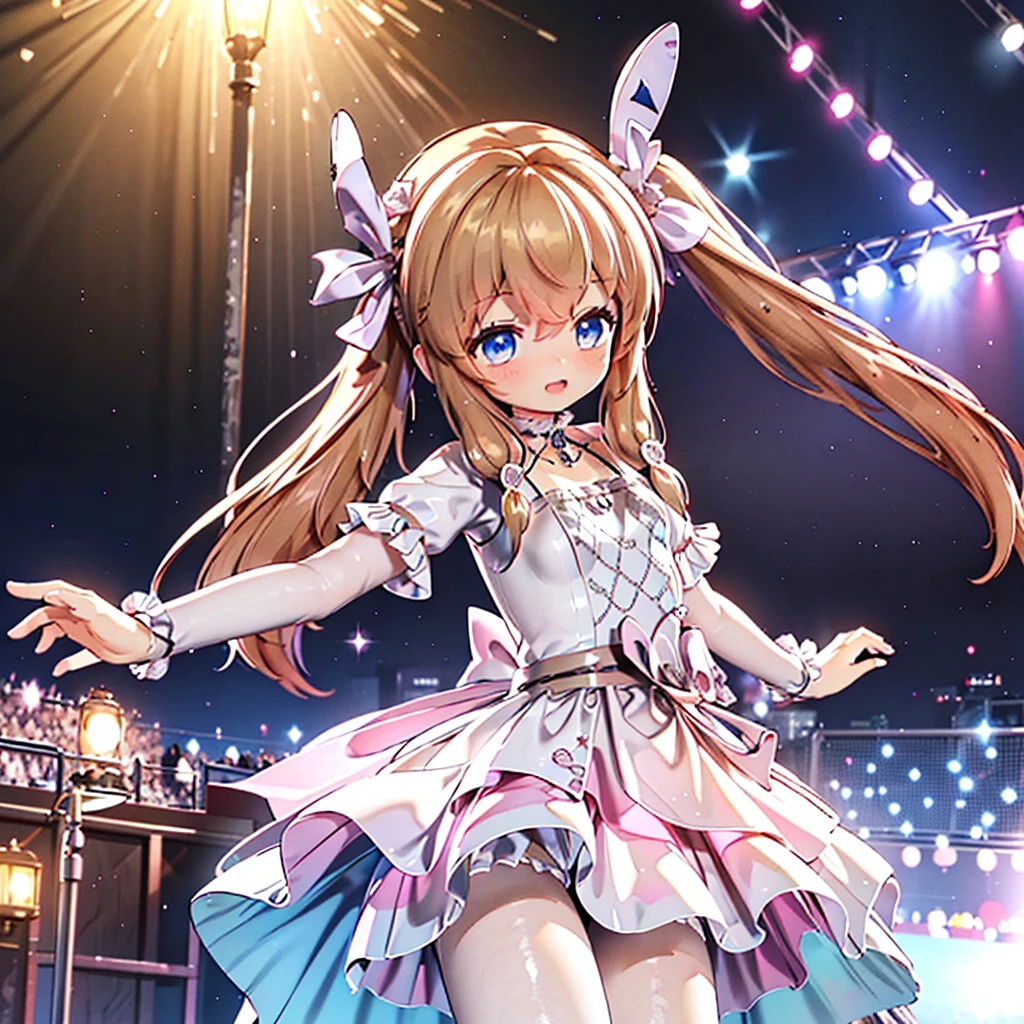 masterpiece, best quality, CG wallpaper, 8k, girl, cute, petite, Blue eyes, brown twin tail, (yellow dress), open mouth smile, look far aways, dance at the stage, neon and led lights, profile, side view
