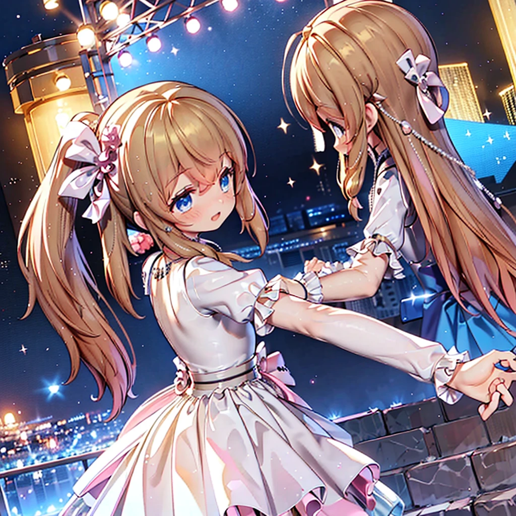 masterpiece, best quality, CG wallpaper, 8k, girl, cute, petite, Blue eyes, brown twin tail, (yellow dress), open mouth smile, look far aways, dance at the stage, neon and led lights, profile, side view