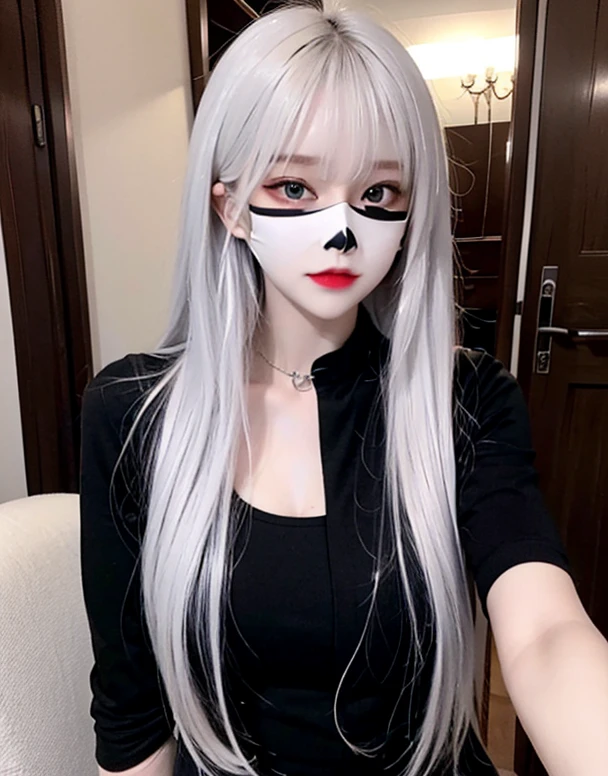 Woman black shirt suit, black skinny pant, long hair, white hair, black face mask, red eyes,red make up face, black face mask
