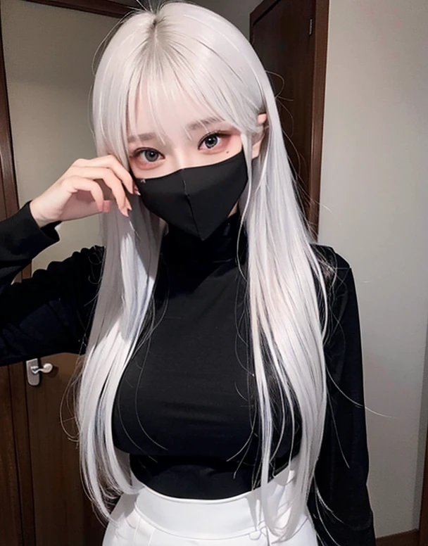 Woman black shirt suit, black skinny pant, long hair, white hair, black face mask, red eyes,red make up face, black face mask
