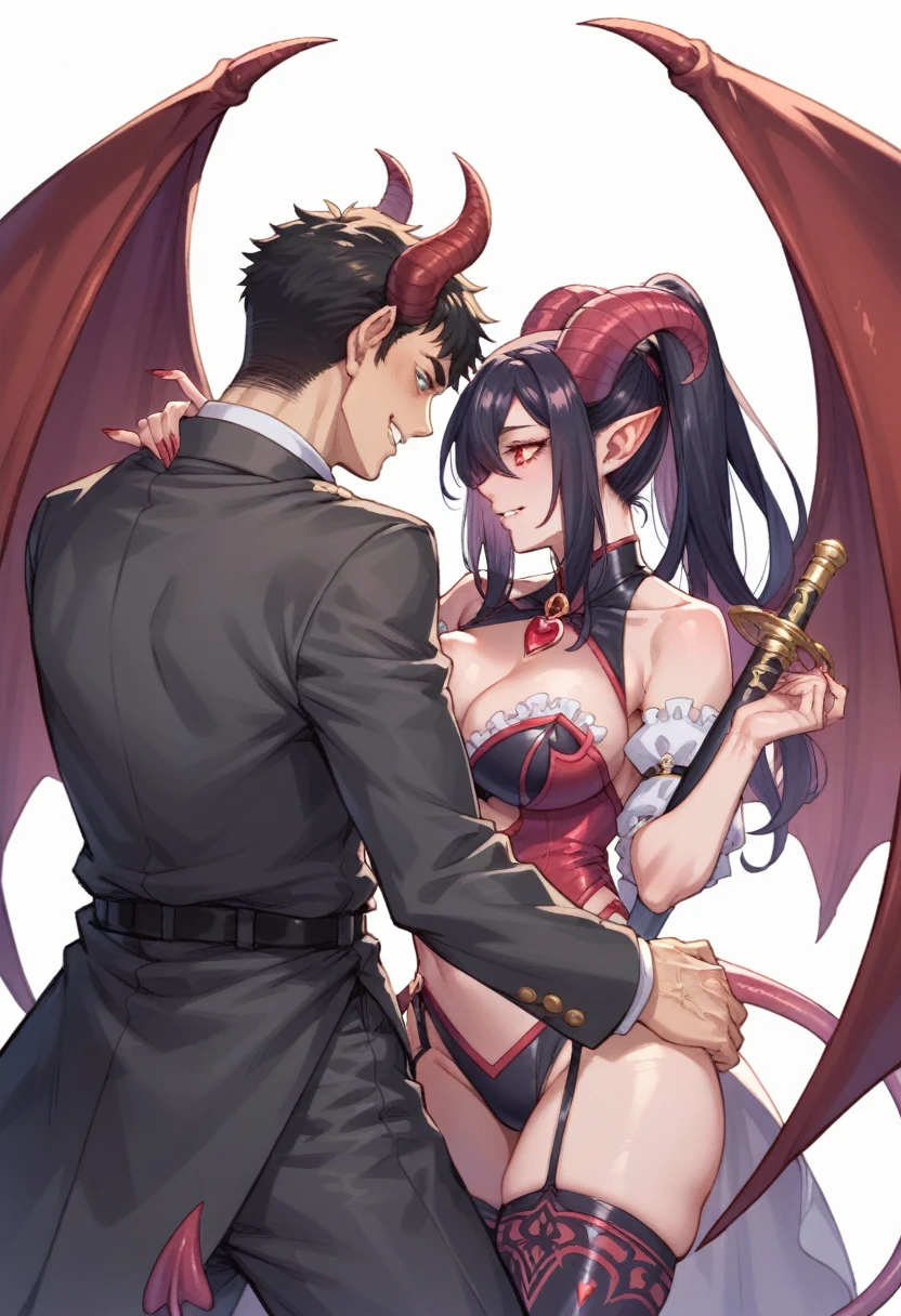 1demon girl, 1anonymous boy, boy with hair over eyes, hair covering eyes, ((girl with red eyes, red eyes, short hair, black hair, lewd face)), Boy hugs girl from behind, hug, groping, breast grab, minibikini, blushed, sexy art, (ecchi), ero, sexual tension, ((hentai protagonist)), sexy, demon horns, demon tail, curvy demon, (big breast), ((girl with ecstasy expression)), ahegao, ((sexual orgasm expression)), sweating, full colored, detailed art, detailed shading, ((castle of hell background)), warm illumination, night, night time, toarch illumination, erotic anime