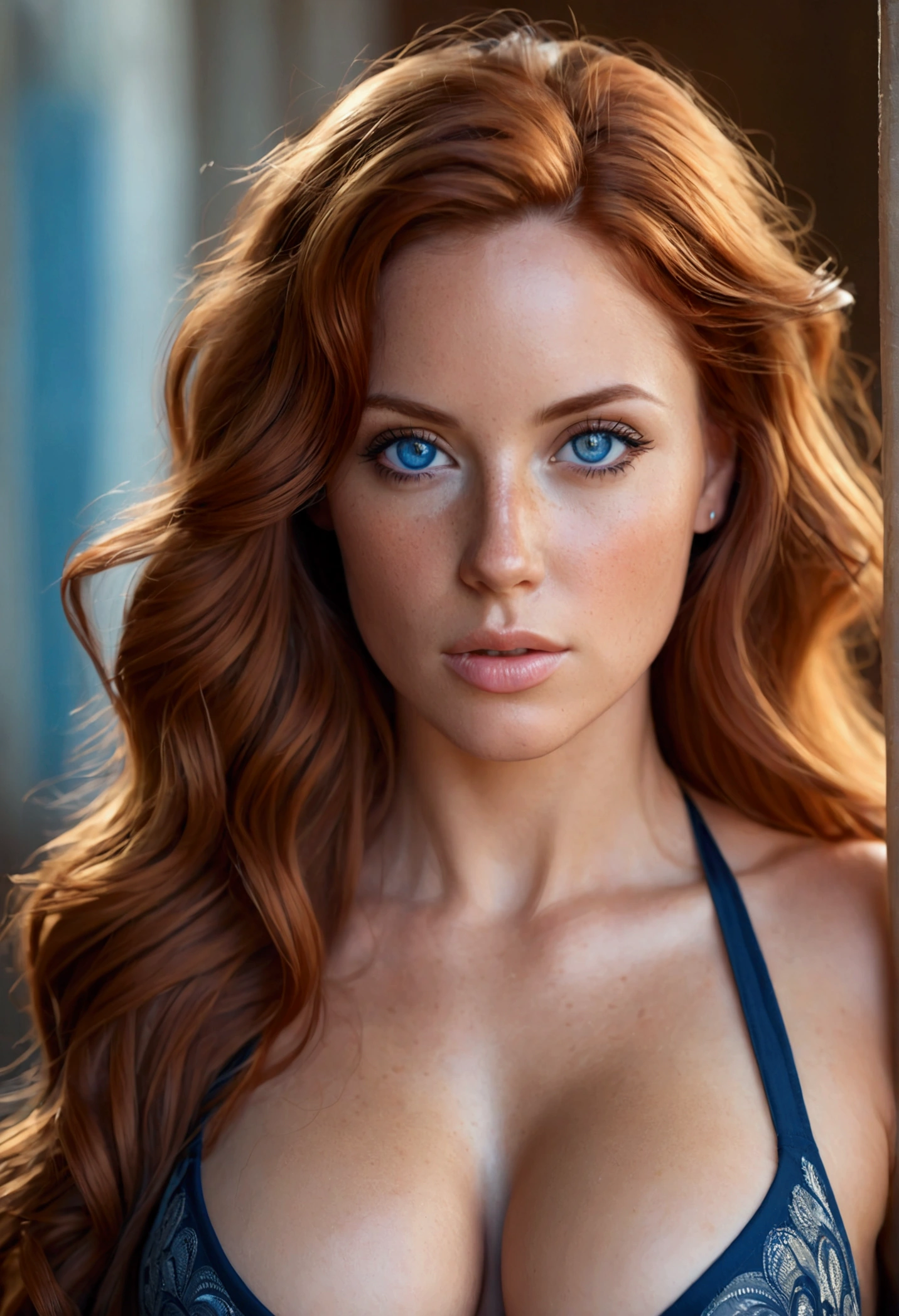 Young redhead with very large breasts, medium lips and blue eyes traveling through Mexico