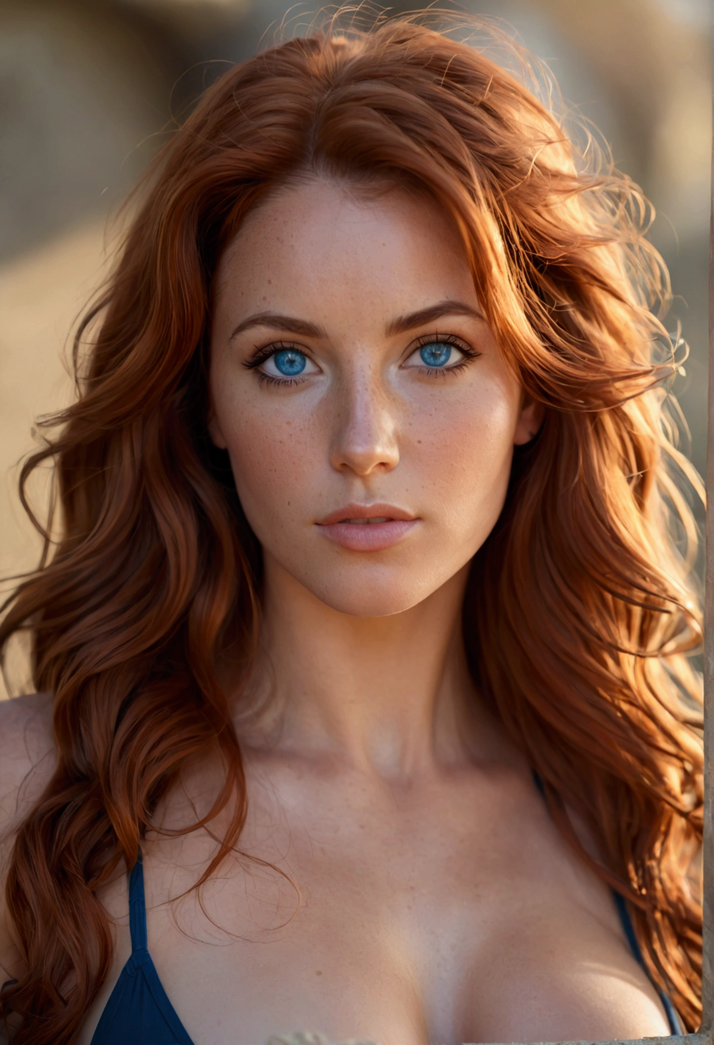ultra realistic, photography, girl, 35 years old, Fit physique with ample curves, long wavy auburn hair, sultry blue eyes, slightly tanned skin with freckles.extremely detailed artgerm, in the style artgerm, small breasts, facing the camera, lens 35 mm, blur background,