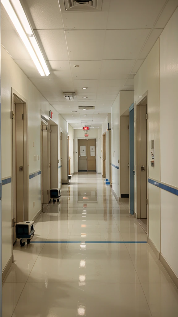 Hospital corridor with hospital equipment and nurse