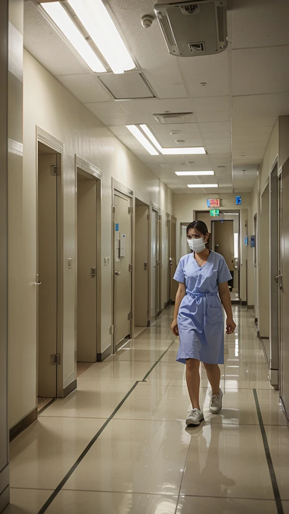 Hospital corridor with hospital equipment and nurse