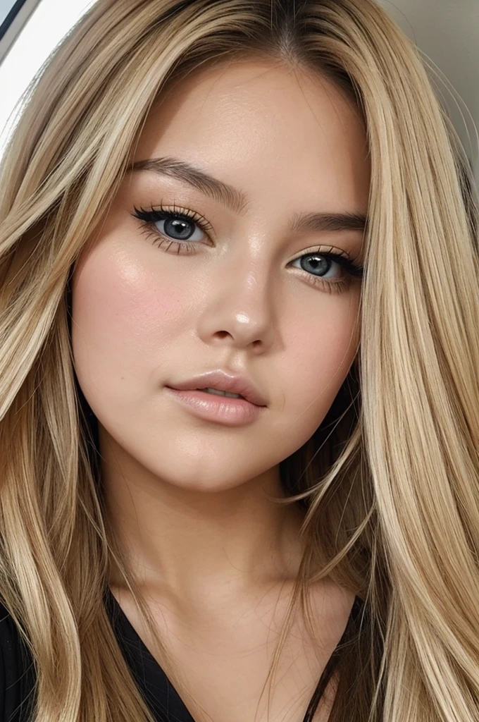 A voluminous girl, dyed blonde, with nice cheeks, black eyes, Taking a selfie, somewhat large lips and round nose