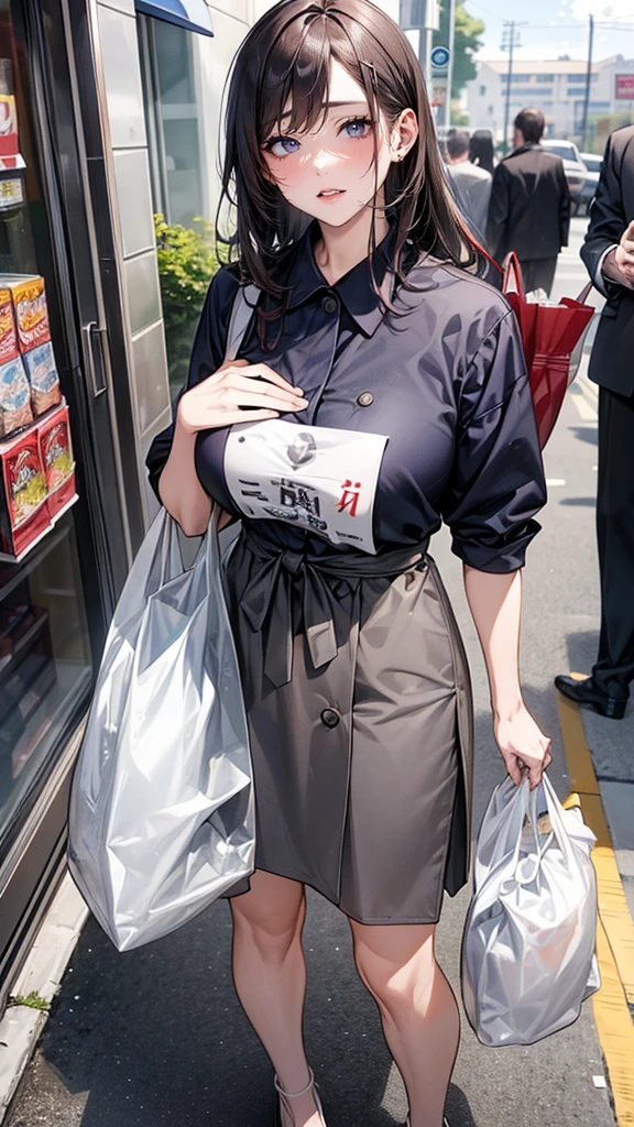 (A work depicting a scene from a manga for adults), housewife, Realistic sized eyes, Droopy eyes, shame, (She is carrying a large plastic bag full of groceries.), ((Spread your legs, banging one&#39;s groin against a stone pillar on the sidewalk to masturbate, pubic hair)),Angle from below, alley,Masturbation 、Leg spread、panties、Random Color